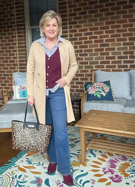 Beige Cardigan and Burgundy Vest Casual Ensemble Beige Cardigan and Burgundy Vest Casual Ensemble β Winter Outfits for Women Over 70