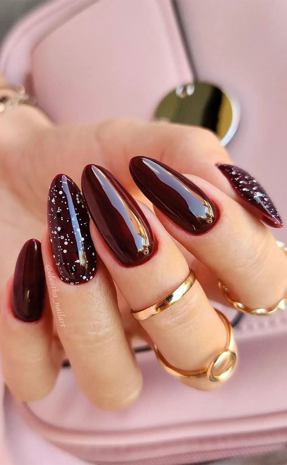 Deep Red with Speckled Snow Accents Deep Red with Speckled Snow Accents β Long Winter Almond Nails