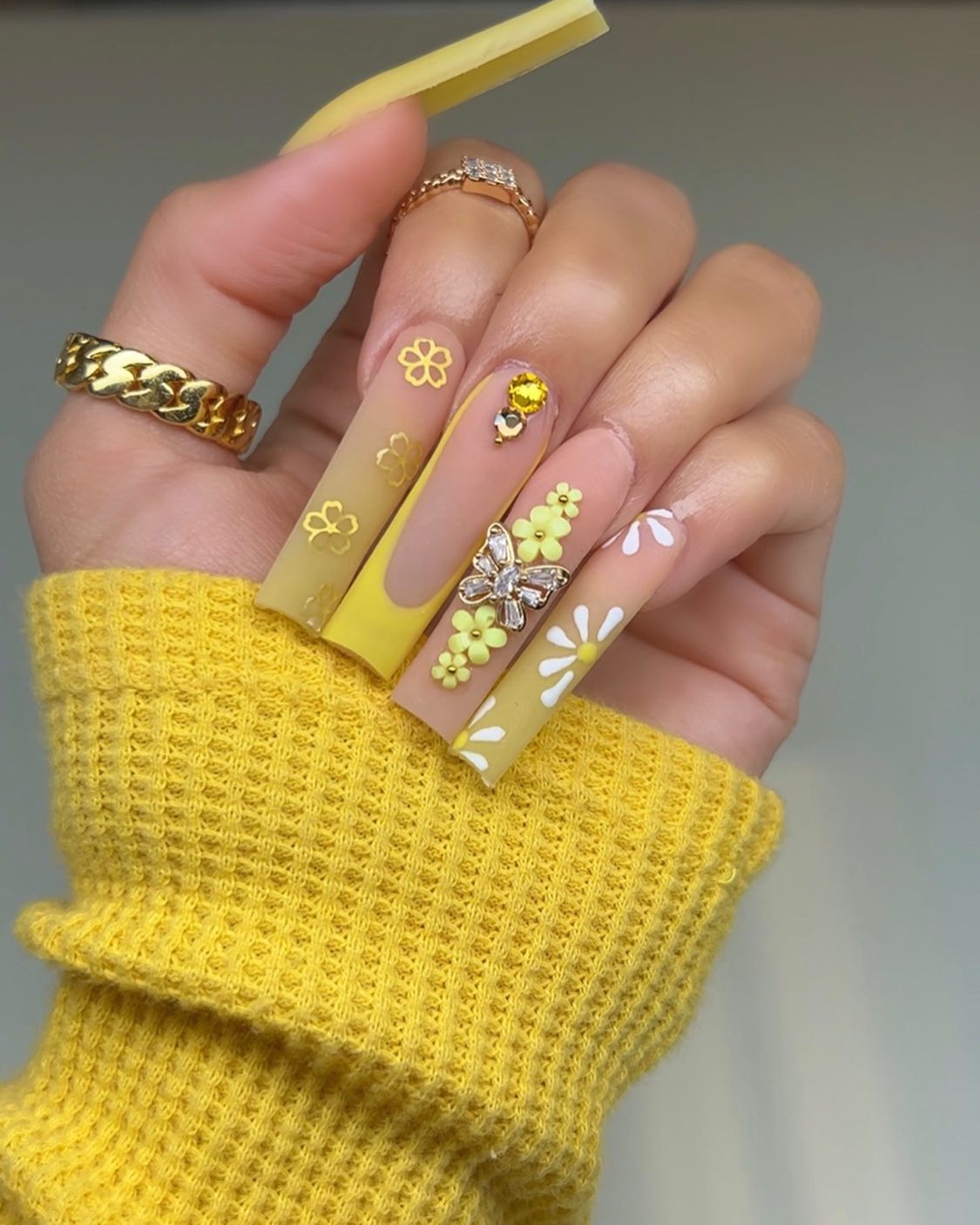 3D Yellow Flowers And Butterfly Visual Idea — Winter to Spring Transition Nails