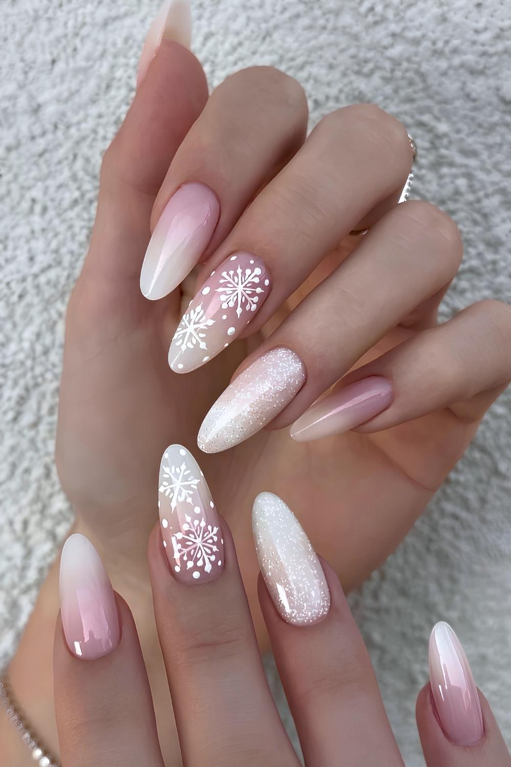 Soft Gradient with Delicate Snowflakes — Cute Winter Nails