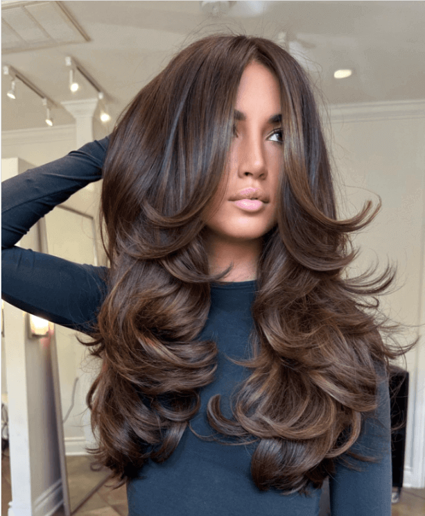 Deep Brown Mid-Back Cut With Volume — Winter Haircuts with Curtain Bangs