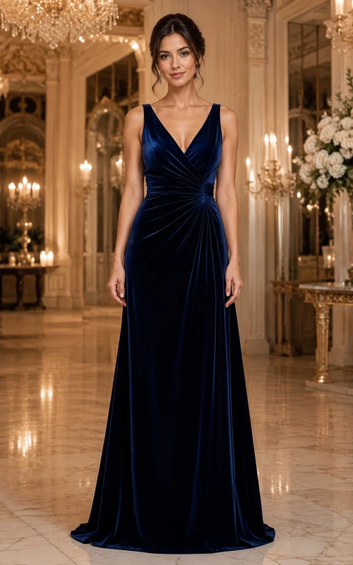 Royal Blue Velvet Maxi Dress with Deep V-Neck — Winter Formal Dresses