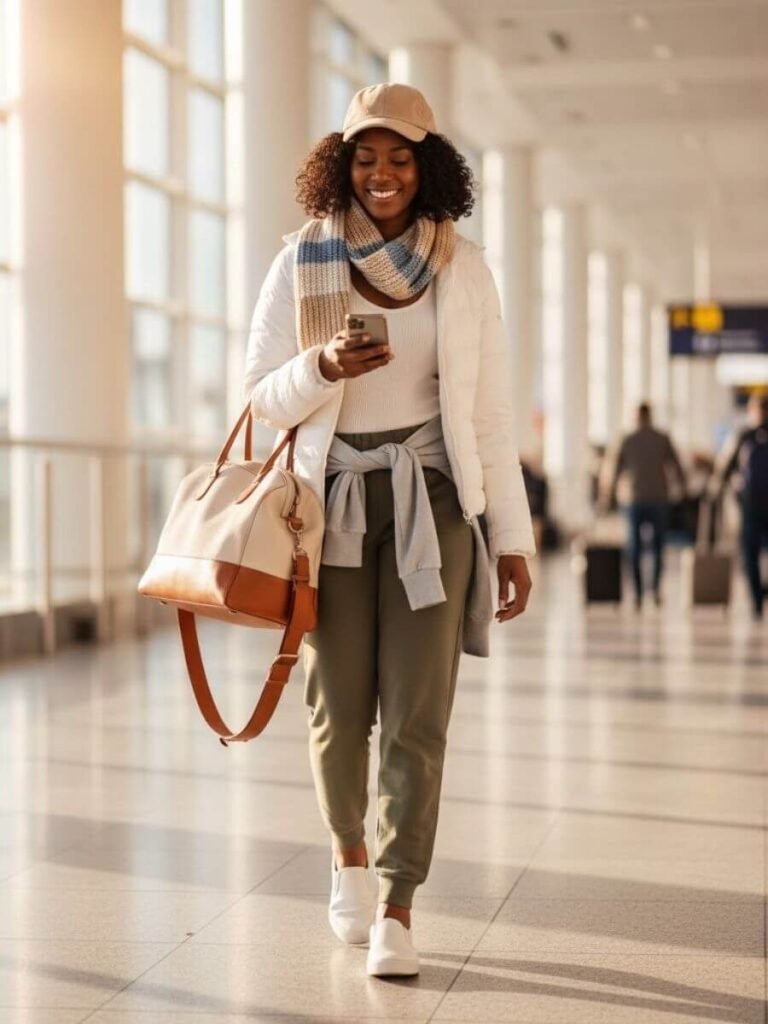 White Puffer Jacket with Joggers and Striped Scarf for Casual Travel White Puffer Jacket with Joggers and Striped Scarf for Casual Travel β Winter Airport Outfits