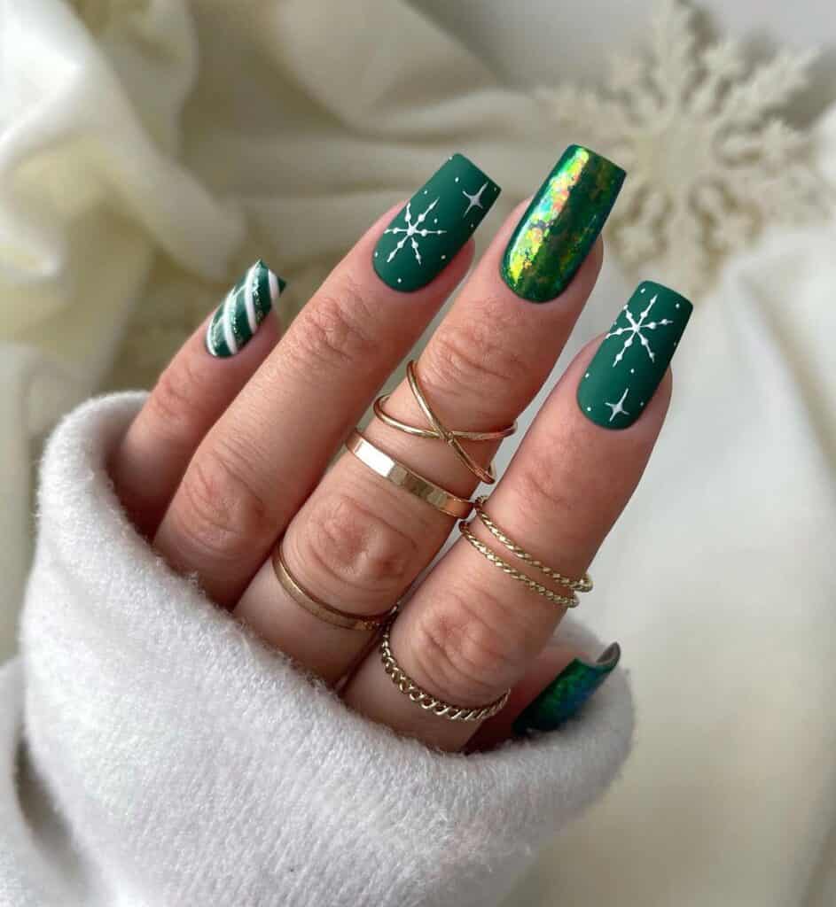Long Square Matte Green with Metallic Accent — Green Christmas Nails 2026
