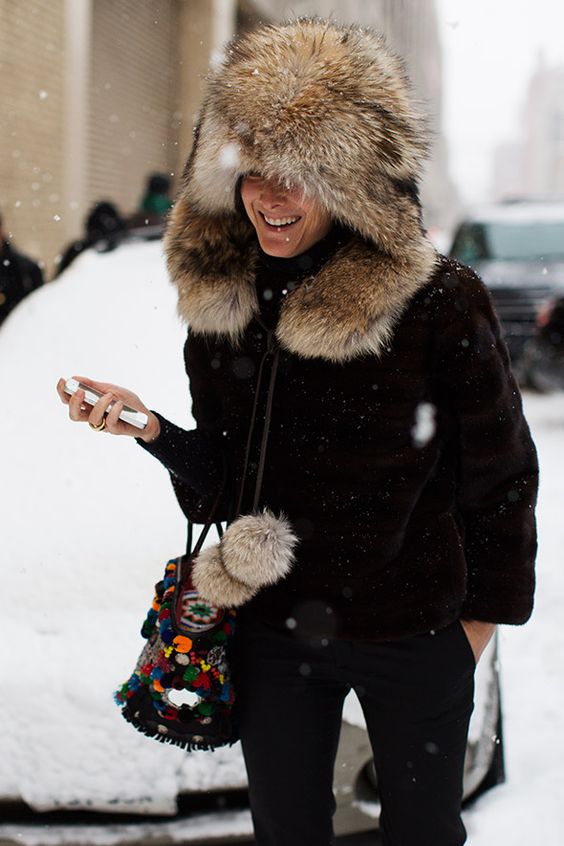 Coordinated Brown Fur Hat and Coat with Black Accents — Fur Hat Outfits