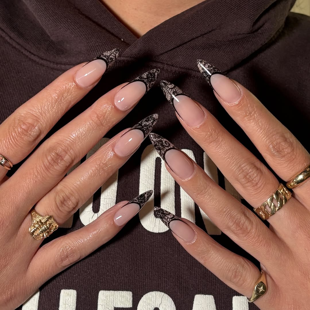 Lace Pattern French Tips Long Almonds Lace Pattern French Tips Long Almonds β Winter Nails for School