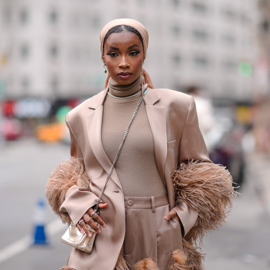 Feather-Trimmed Blazer Elevates a Beige Ensemble Feather-Trimmed Blazer Elevates a Beige Ensemble β Classy Winter Outfits