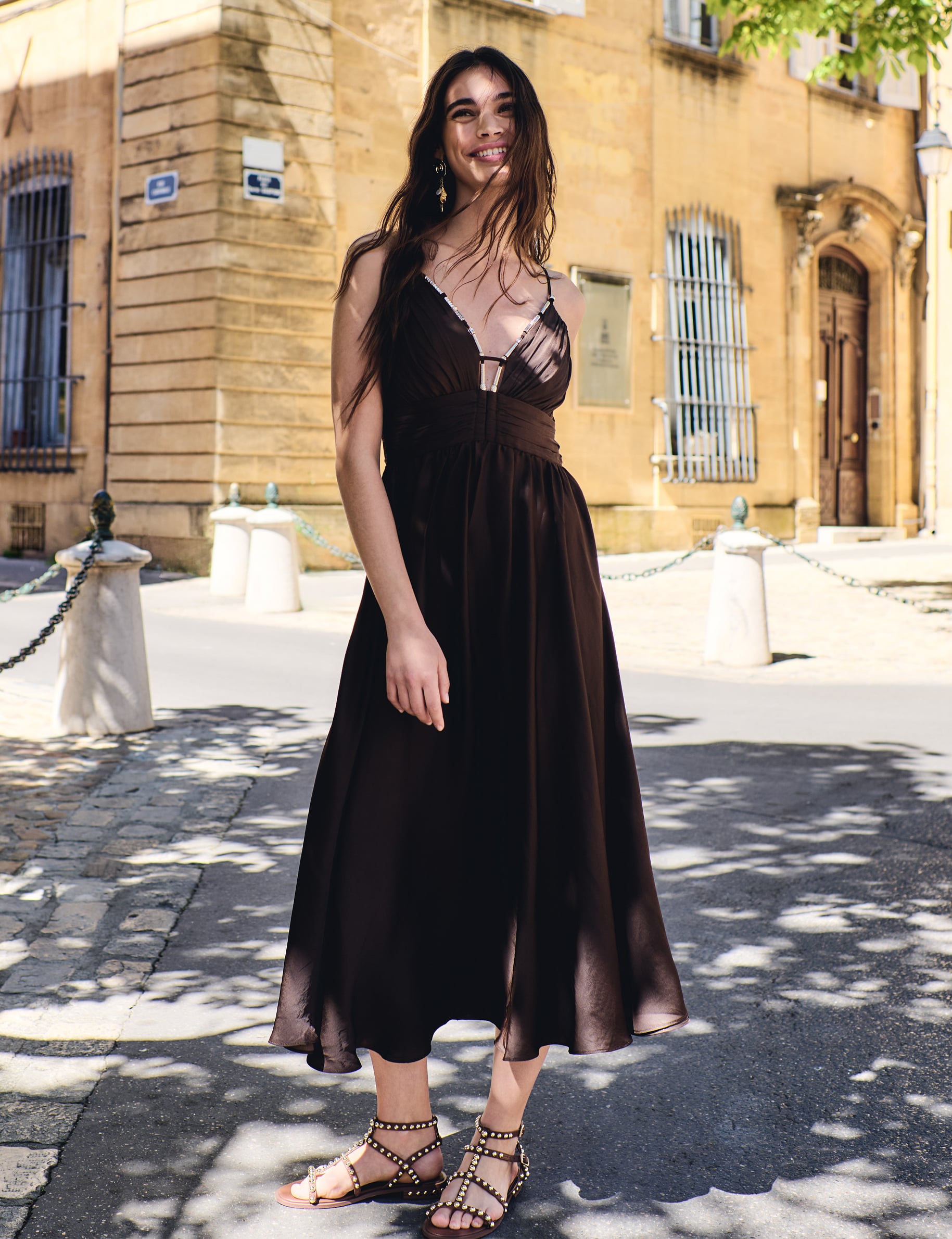 Dark Brown Midi Dress with Sheer Paneling and Studded Sandals Dark Brown Midi Dress with Sheer Paneling and Studded Sandals β Chocolate Brown Outfits