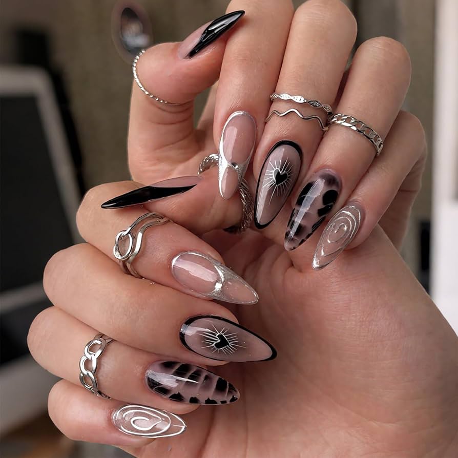 Graphic Nude Almonds with Black and Silver Accents — Baddie Winter Nails
