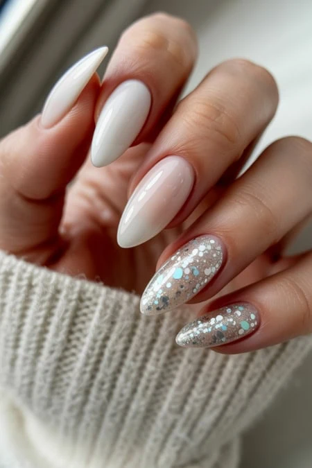 White Pink with Silver Blue Glitter Accents — Winter Glitter Nails