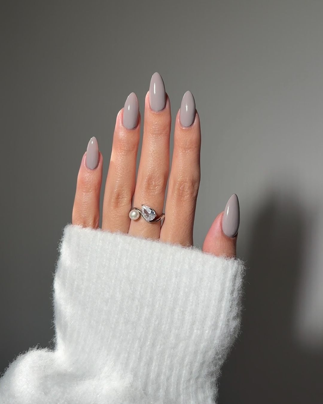 Long Almond Neutral Taupe Glossy Nails — Everyday Winter Nails