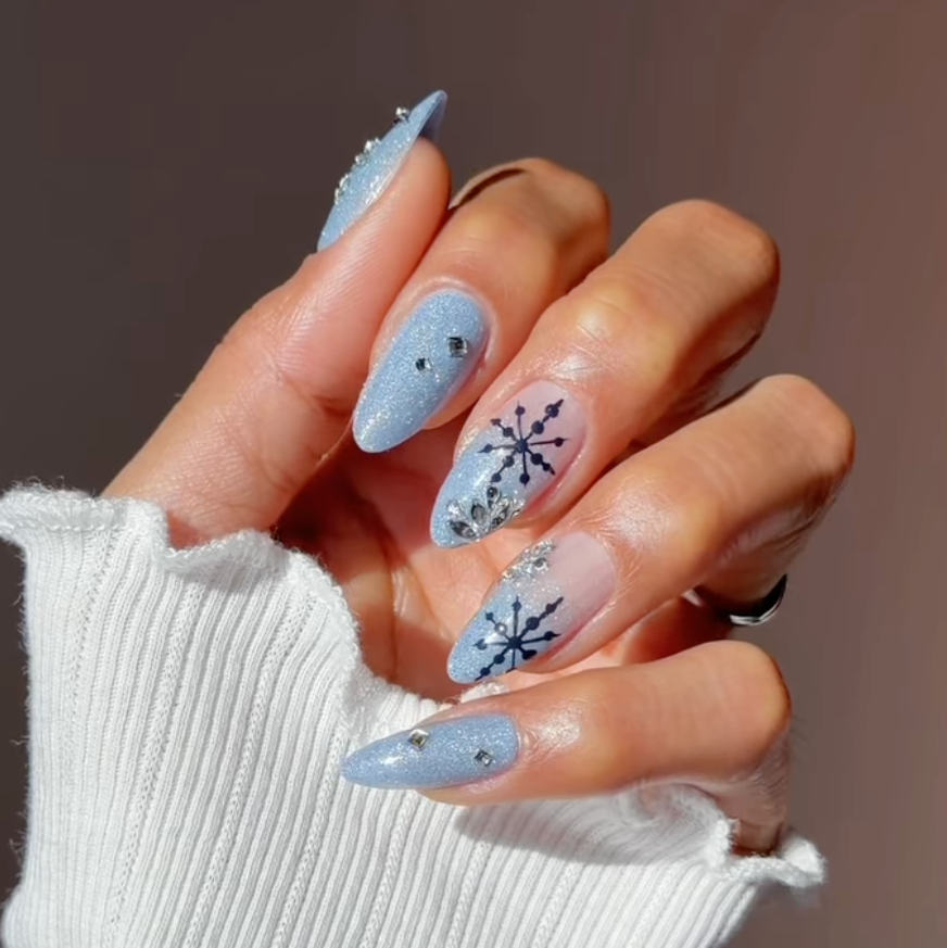 Light Blue Glitter Snowflake Stilettos — Christmas Nail Designs 2026