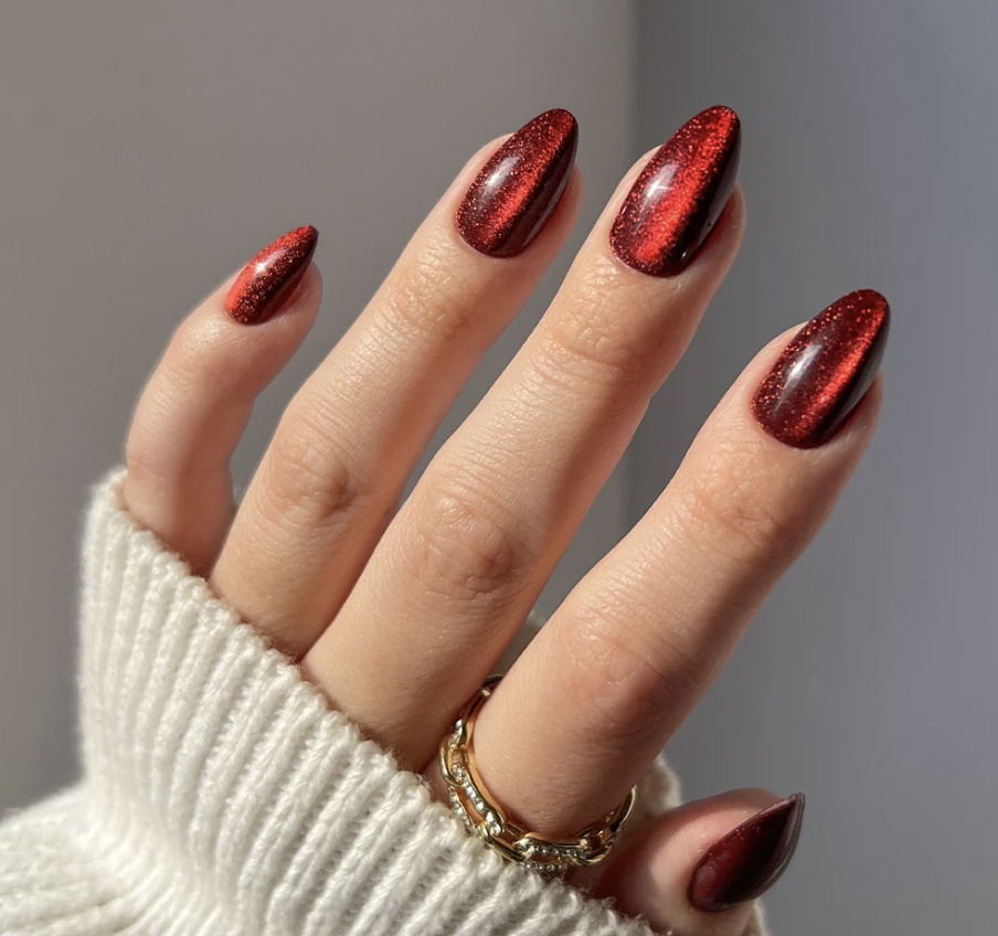 Dark Red Cat-Eye Shimmer Almond Nails Dark Red Cat-Eye Shimmer Almond Nails β Burgundy Nails