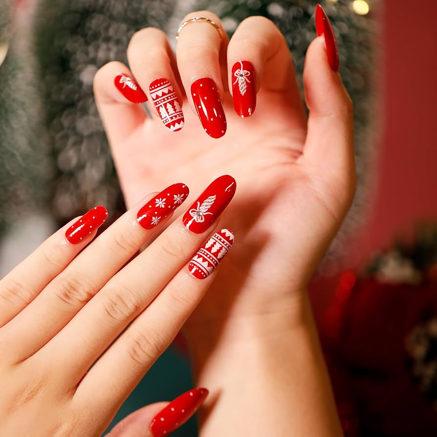 Vibrant Red with Christmas Sweater Pattern Vibrant Red with Christmas Sweater Pattern β Cherry Red Christmas Nails 2026