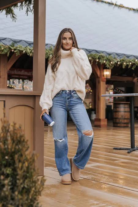 Cream Cable Knit Sweater with Ripped Wide-Leg Jeans — Neutral Winter Outfits