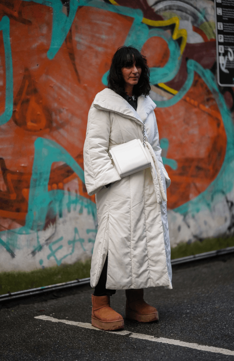 Casual Winter Long White Puffer Coat Styled With Brown Platform Boots — Long Puffer Coat Outfits