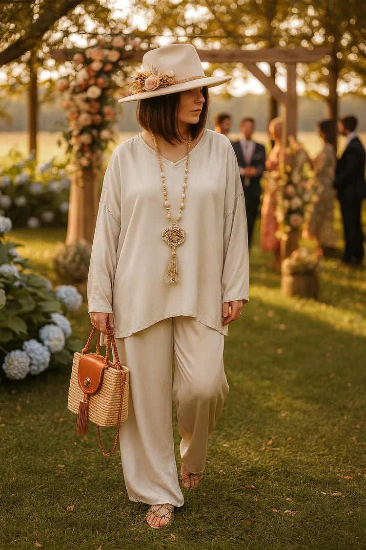 Beige Silk-Like Top and Wide-Leg Pants with Floral Hat — Boho Winter Outfits