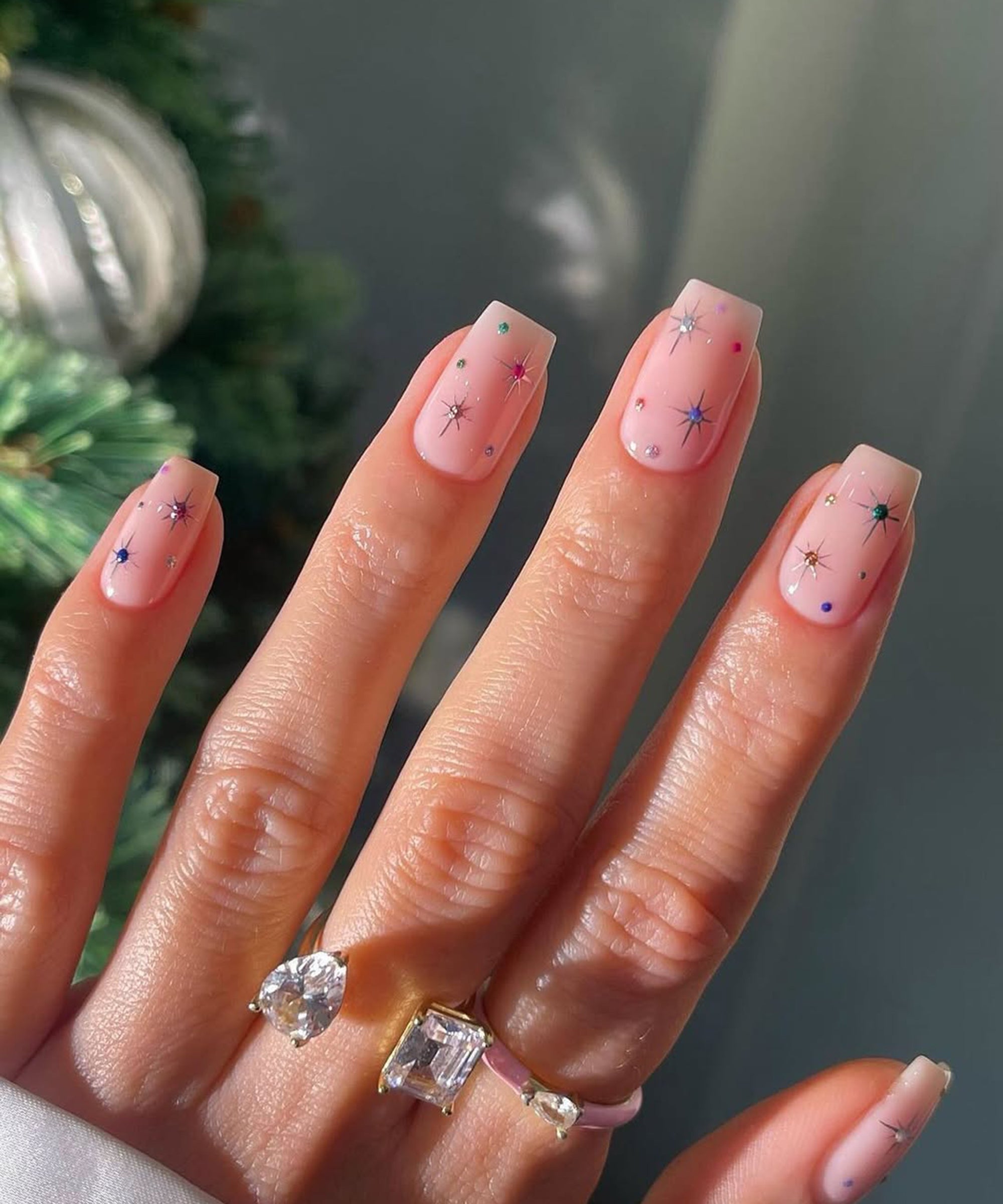 Short Square Pastel with Rhinestone & Star Accents — Minimalist New Years Nails 2027