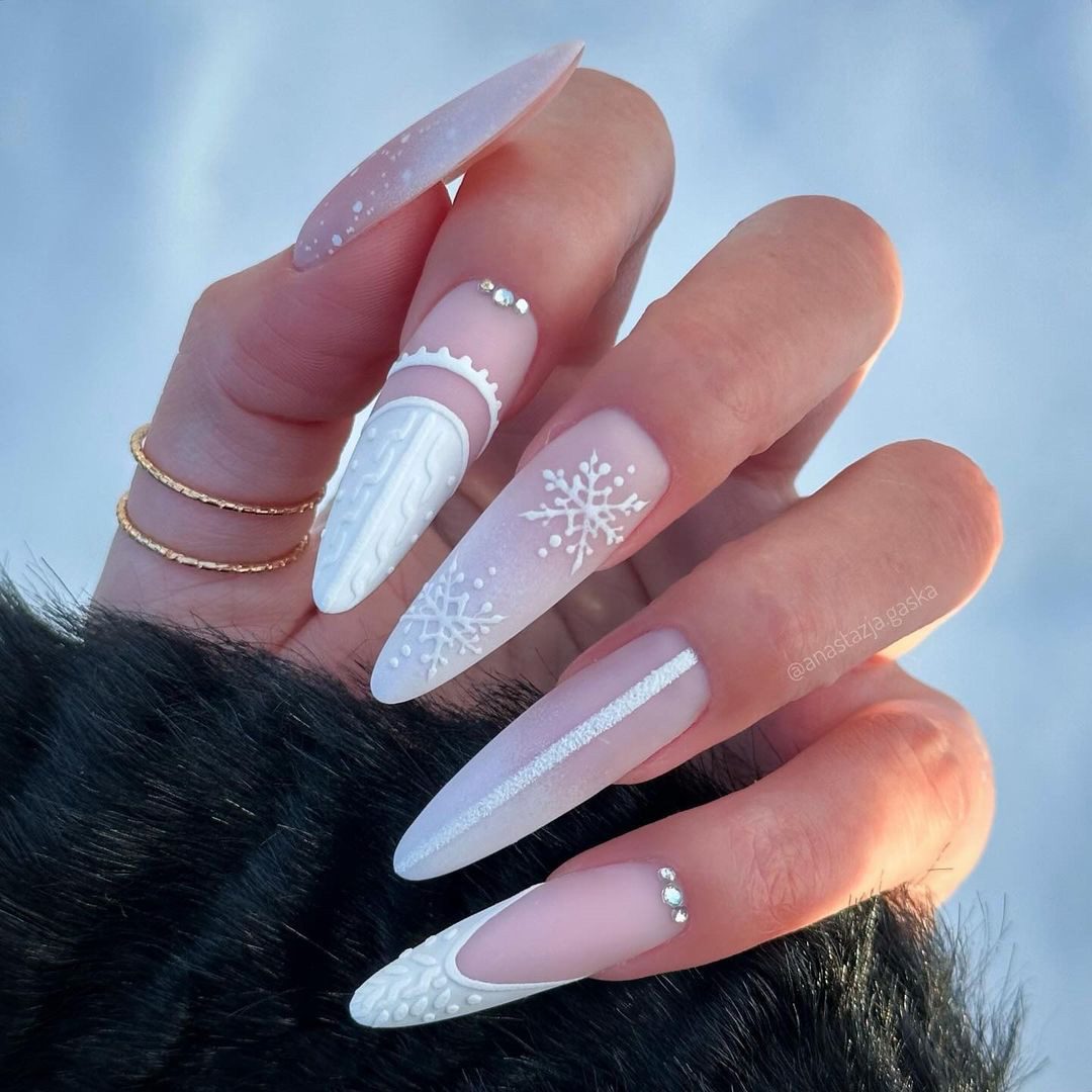Long Stiletto Matte Pink Snowflakes Rhinestones — Winter Nail Designs