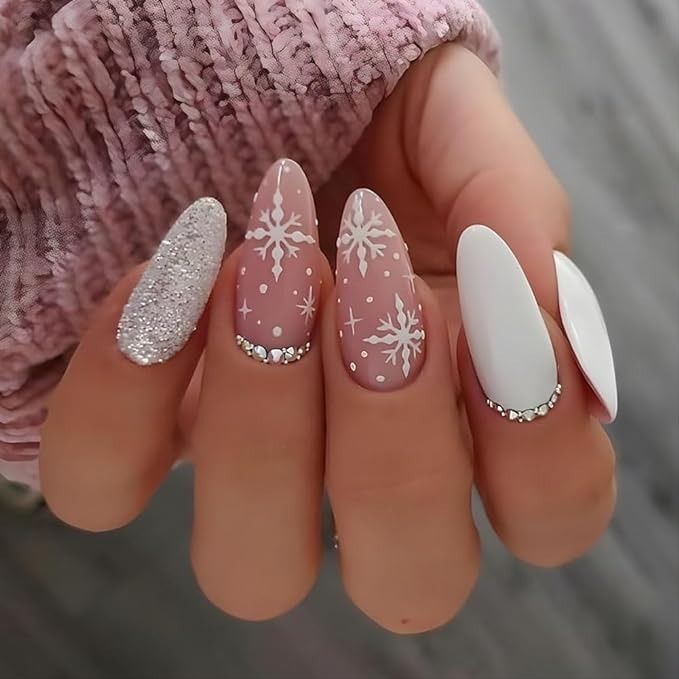 White Glitter with Snowflake Art & Rhinestones White Glitter with Snowflake Art & Rhinestones β Christmas Nail Colors 2026