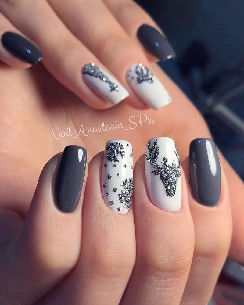 Dark Grey And White Visual Idea — Medium Length Winter Nails