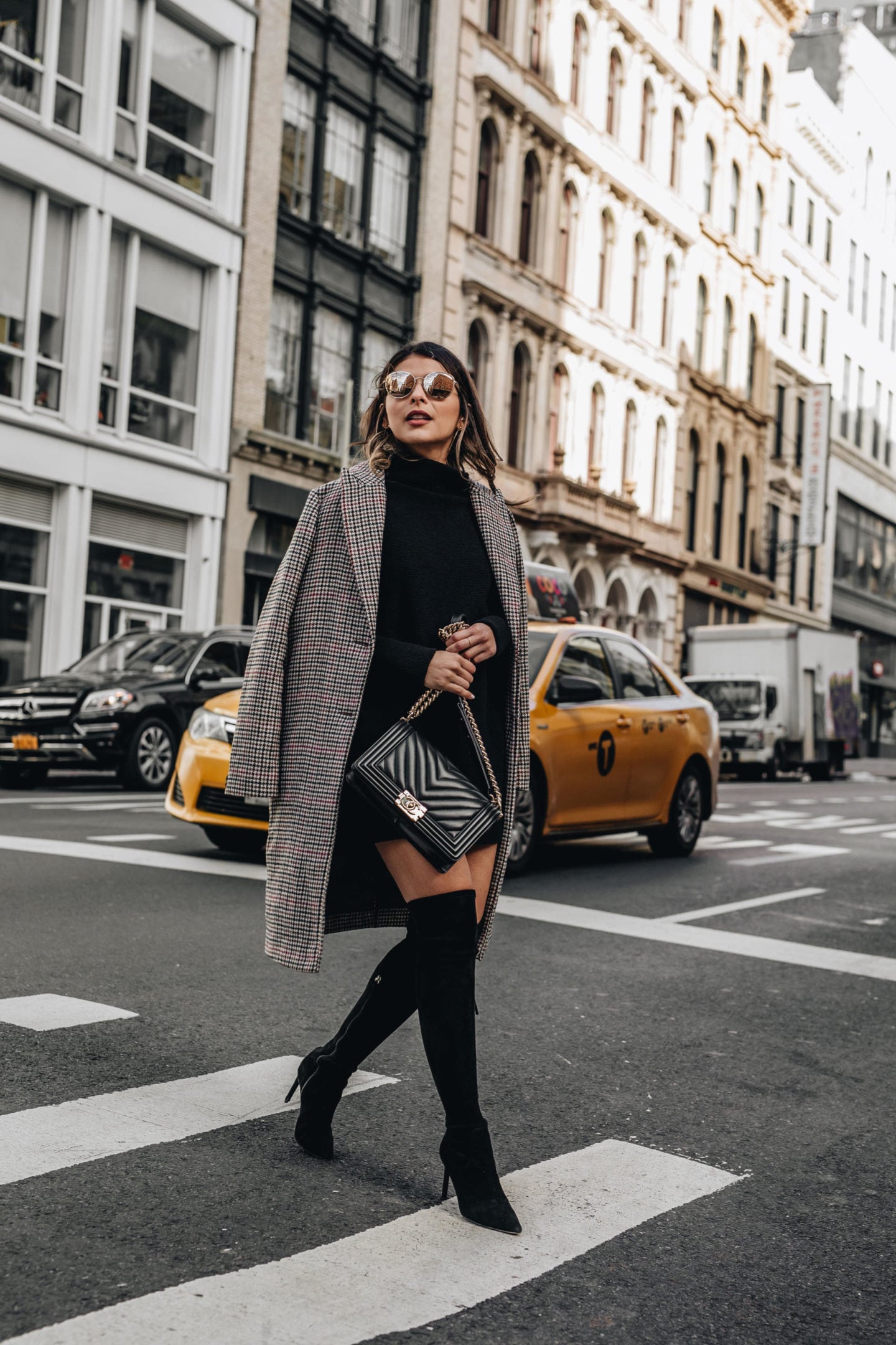 Chic Plaid Coat and Black Turtleneck Dress with Over-the-Knee Boots — Over the Knee Boots Outfits