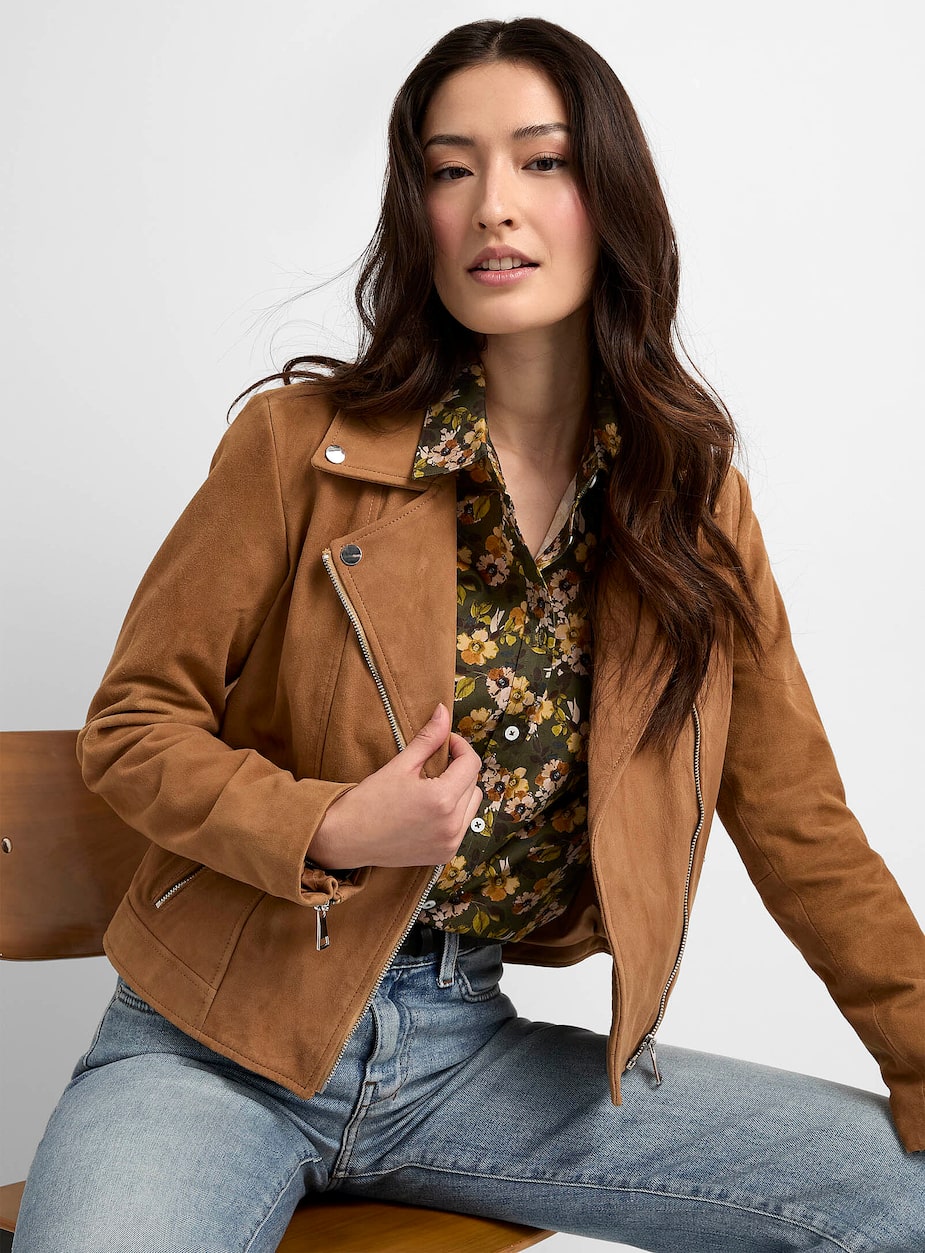 Suede Moto Jacket Over Floral Shirt and Denim Suede Moto Jacket Over Floral Shirt and Denim β Winter to Spring Transition Outfits