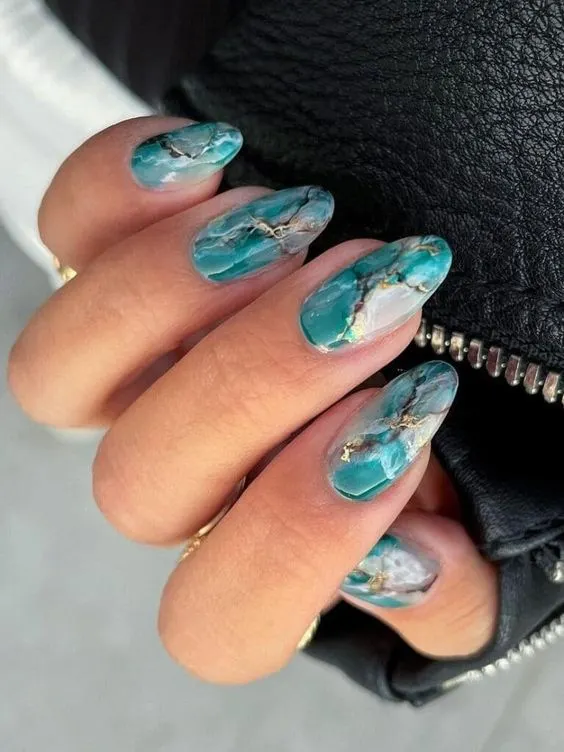 Teal Emerald Marble with Gold Leaf Accents — Winter Marble Nails