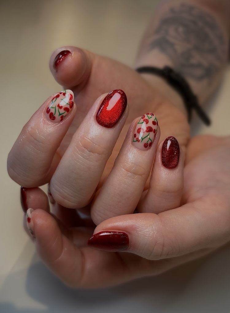 Shimmery Red and Cherry Print Short Oval — Cherry Red Nails