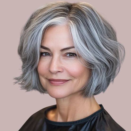 Natural Grey Bob With Face-Framing Streaks Natural Grey Bob With Face-Framing Streaks β Winter Hair Colors for Women Over 40