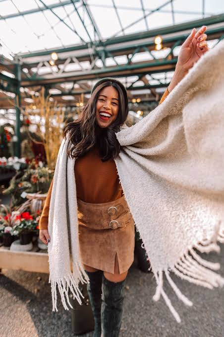 Suede Mini Skirt with Fringed Scarf and Over-the-Knee Boots — December Outfits