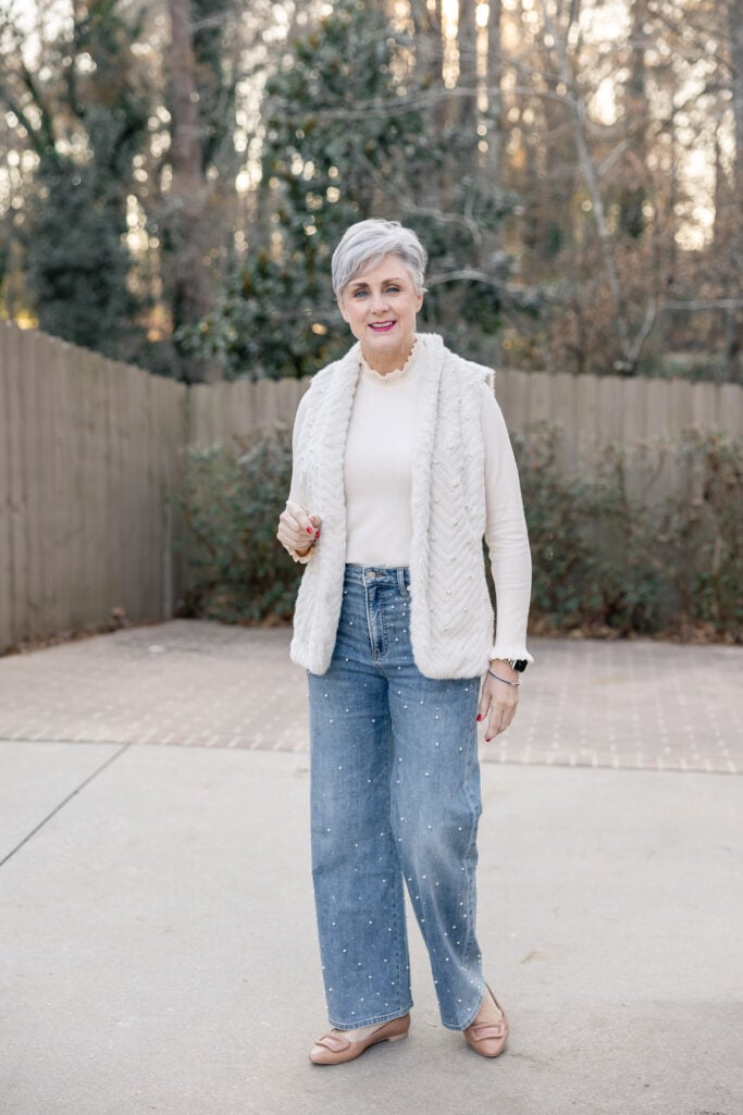 Textural Contrast: Faux Fur Vest Over Cream Top and Pearl Jeans Textural Contrast: Faux Fur Vest Over Cream Top and Pearl Jeans β Comfy Winter Outfits
