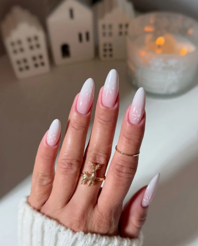 White Snowflake Decals On Accent Nails Visual Idea — Natural Winter Nails