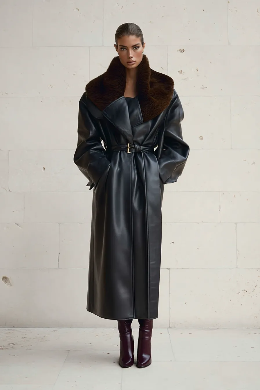 Dramatic Faux Leather Trench with Faux Fur Collar — Cold Weather Outfits