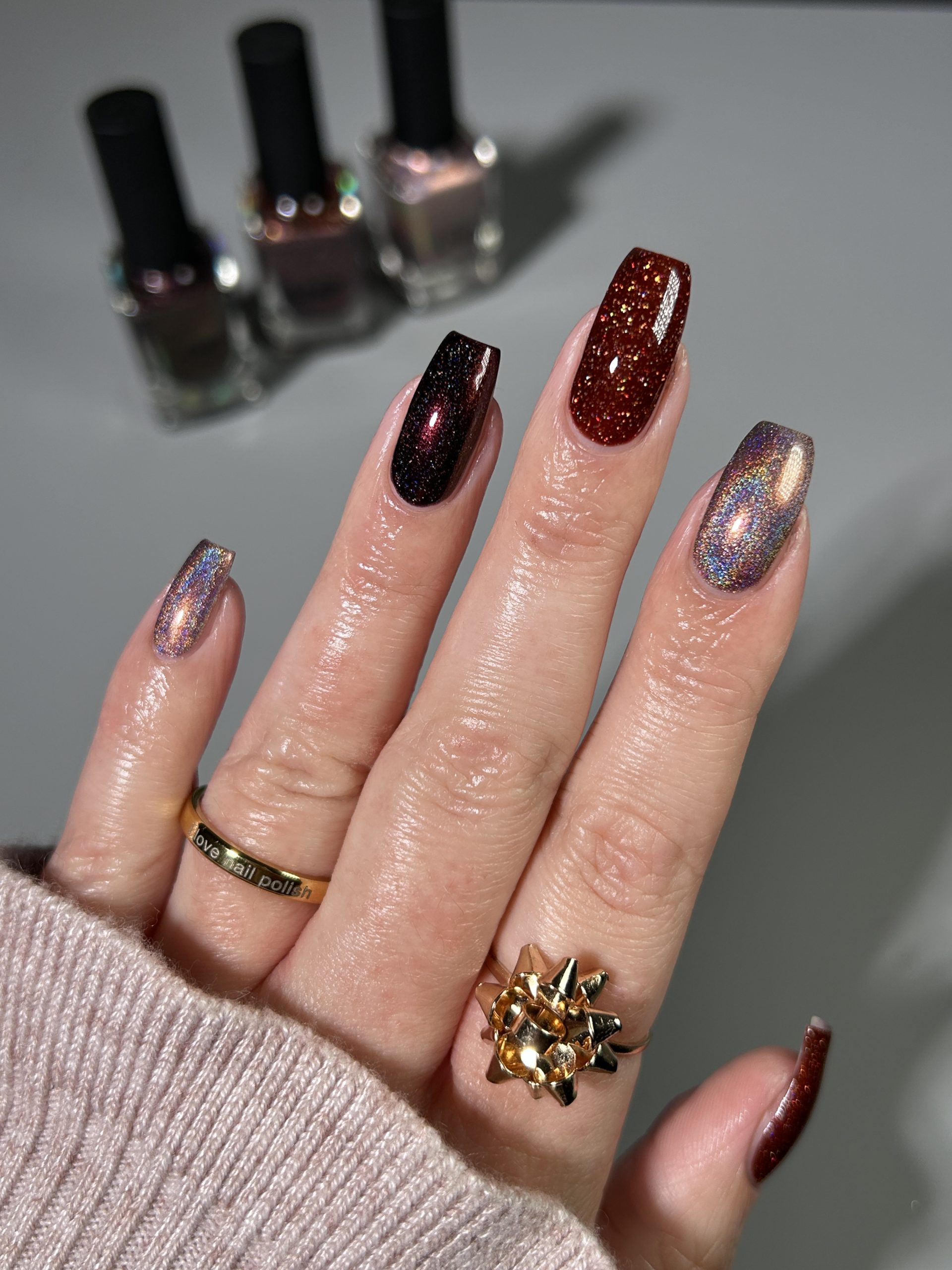 Rich Festive Finishes Square Nails — Winter Date Night Nails