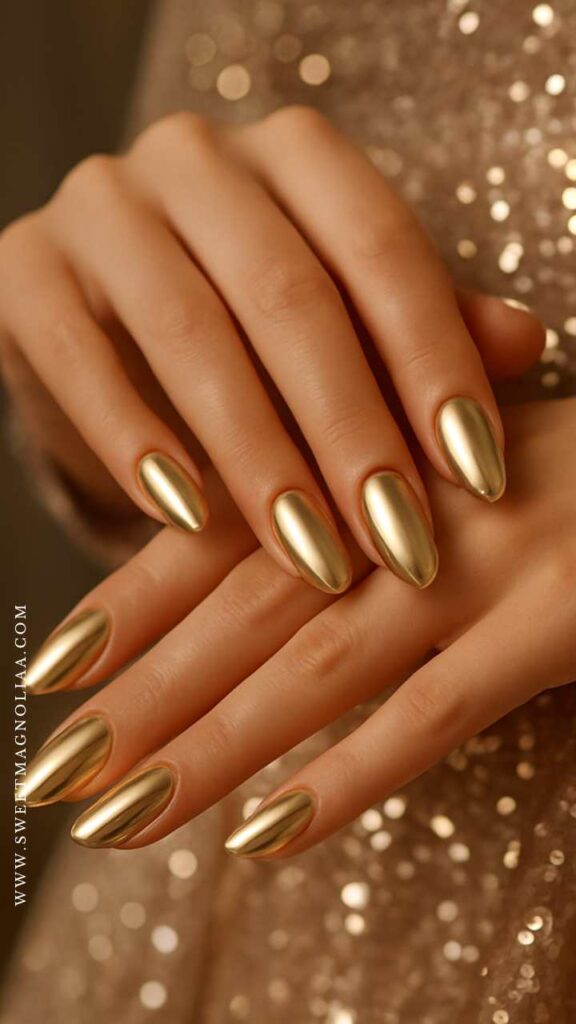 High-Shine Chrome Metallic Visual Idea High-Shine Chrome Metallic Visual Idea β Winter Gold Nails