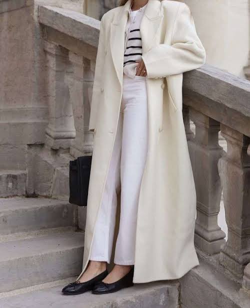 Classic Cream Coat with Striped Sweater — Winter White Outfits