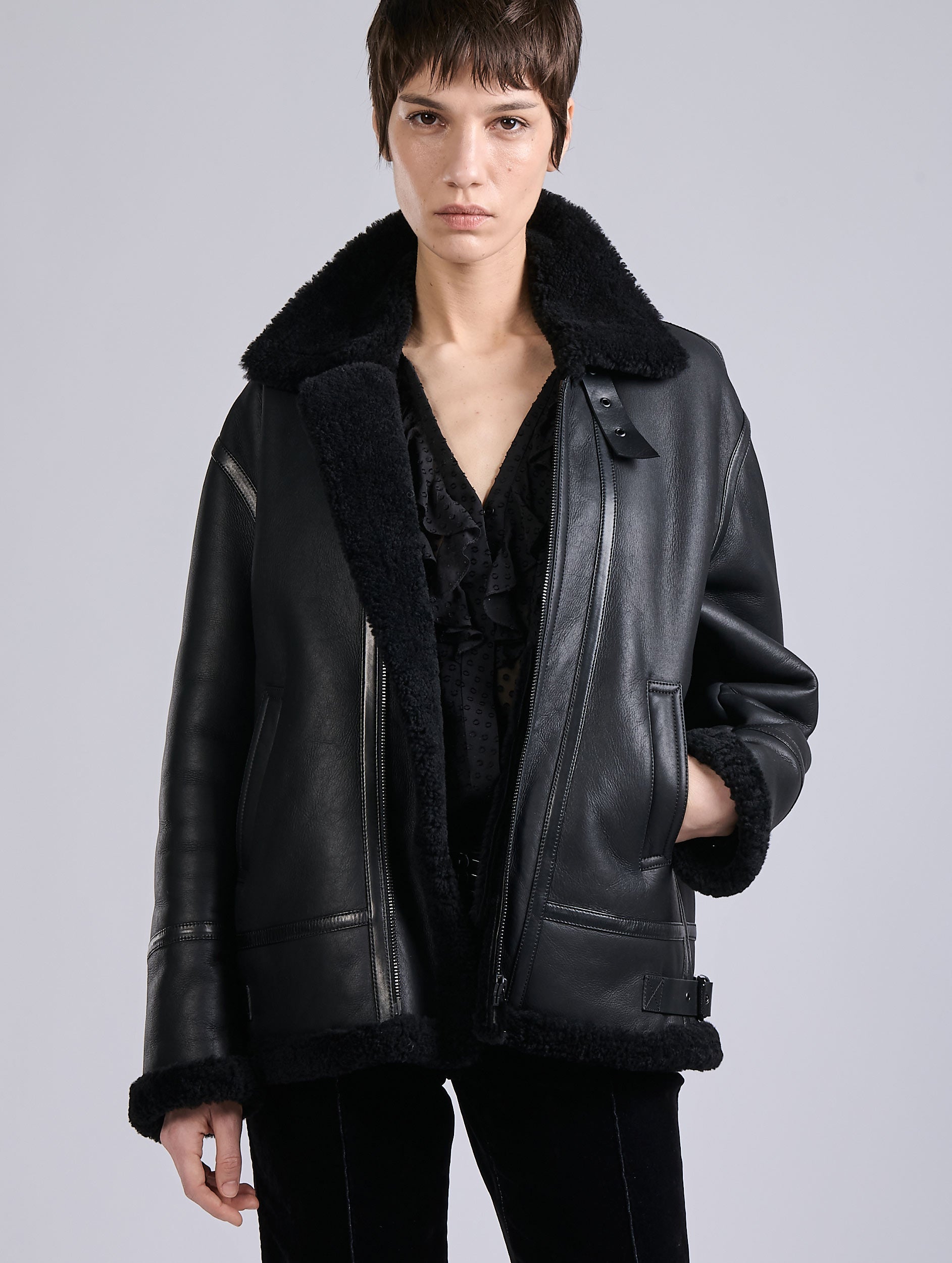 Black Leather Aviator Jacket with Shearling Collar and Cuffs — Shearling Coat Outfits