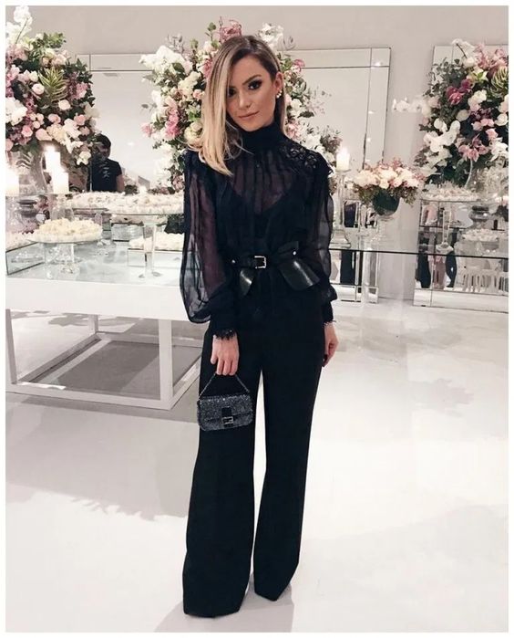 Elegant Black Jumpsuit with Sheer Lace Top — Winter Wedding Guest Outfits