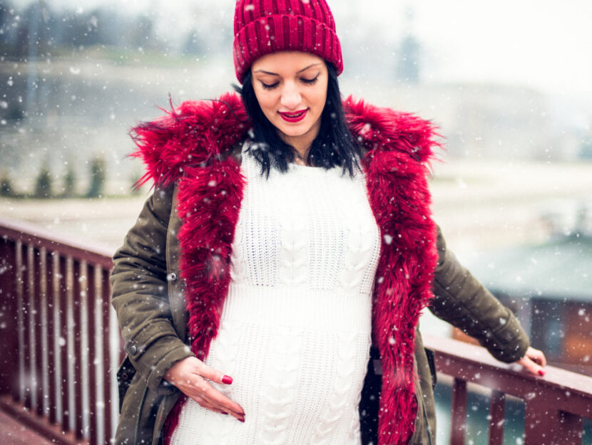 Puffer Coat with Red Trim over Cable Knit Dress Puffer Coat with Red Trim over Cable Knit Dress β Winter Maternity Outfits