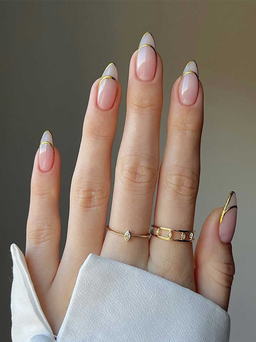 Medium Almond French with Gold Line Detail Medium Almond French with Gold Line Detail β New Years Nail Colors 2027
