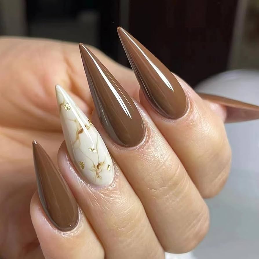 Glossy Brown Marble Stiletto Nails Glossy Brown Marble Stiletto Nails β Winter Stiletto Nails
