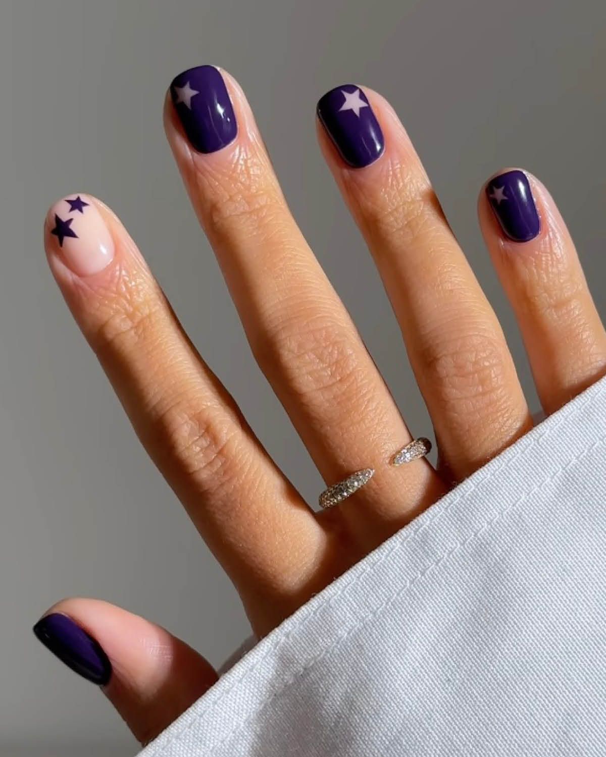 Short Oval Purple Nails with Star Decals Short Oval Purple Nails with Star Decals β Winter Purple Nails