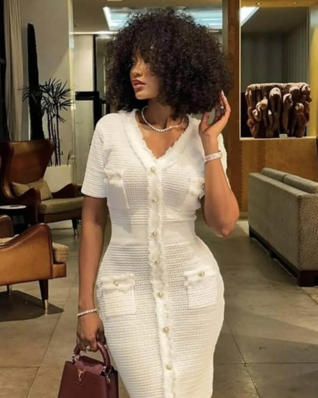 Elegant White Knit Dress with Gold Accents — Sweater Dress Outfits