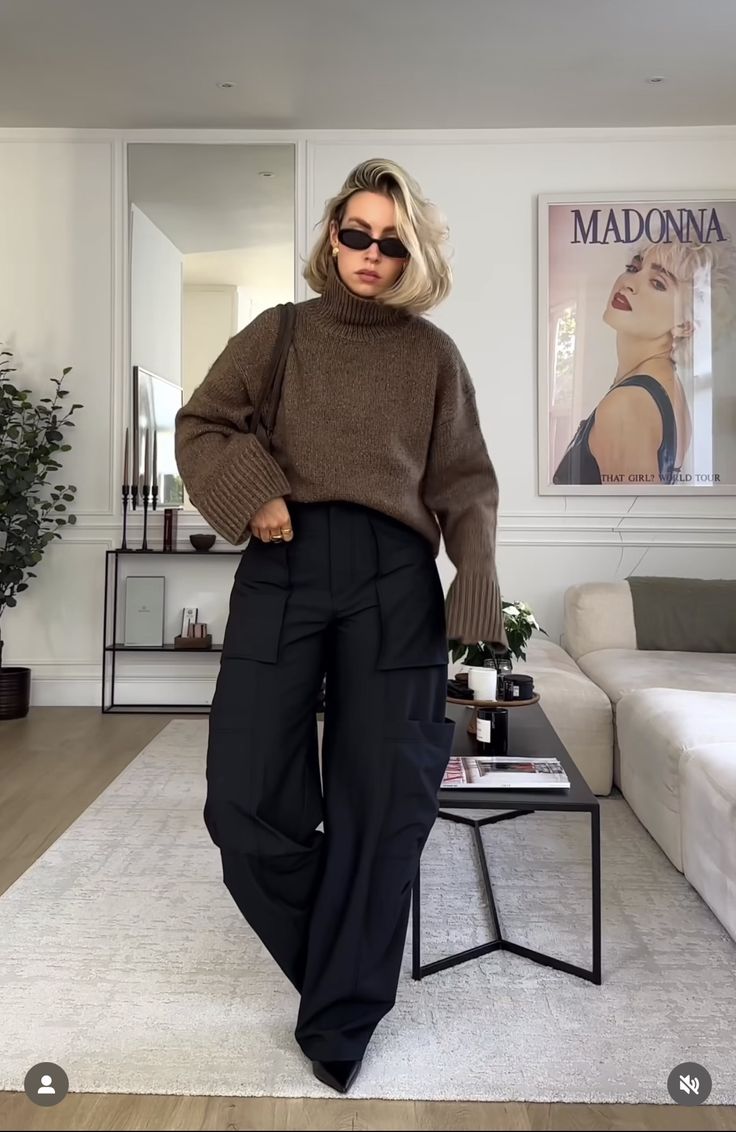 Oversized Brown Knit Paired with Black Cargo Pants for Casual Comfort — Winter Outfits for Moms