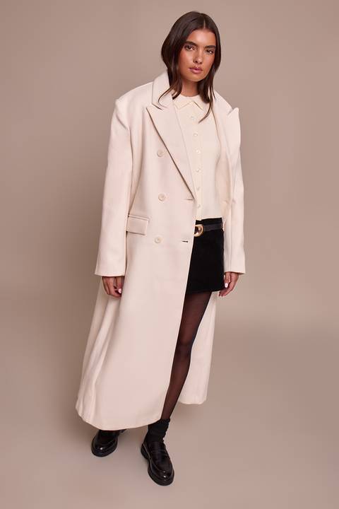 Fashion Editorial Cream Wool Coat with Mini Skirt — Wool Coat Outfits