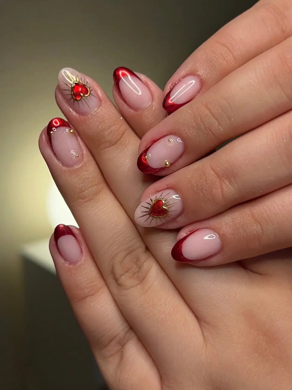 Medium Oval Pink & Red Heart French Medium Oval Pink & Red Heart French β Wine Christmas Nails 2026