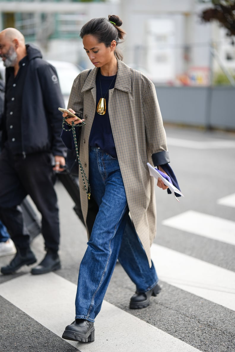 Sophisticated Outerwear: Houndstooth Coat with Wide Leg Jeans — Winter Outfits with Wide Leg Jeans
