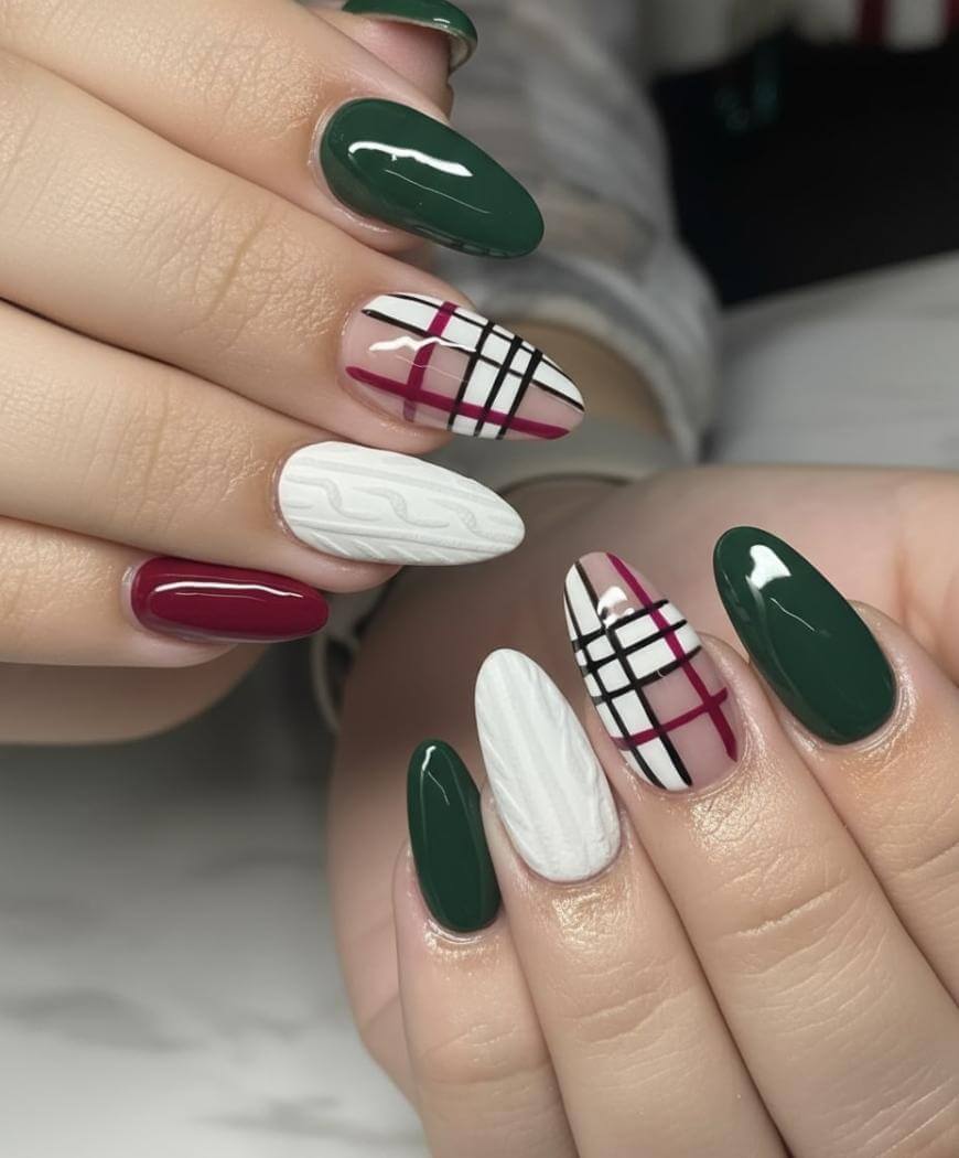Medium Oval Green Burgundy Plaid Knit — Sweater Nails