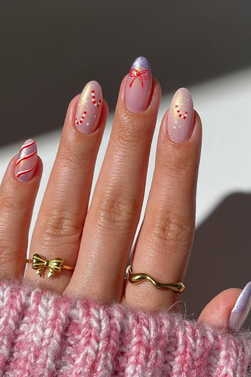 Pale Pink Candy Cane and Bow Nails Pale Pink Candy Cane and Bow Nails β Christmas Nails for Teens 2026